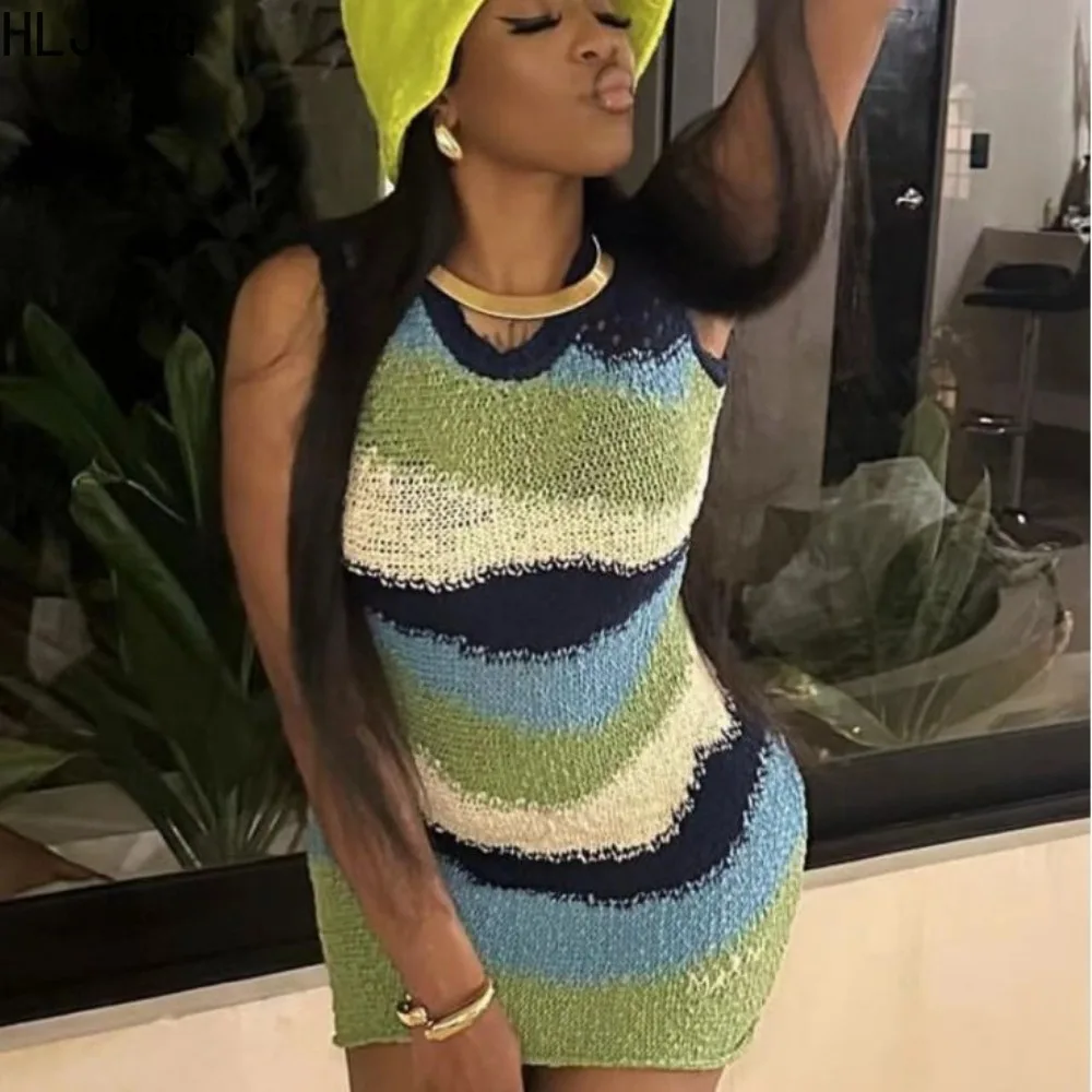 Hlj & gg moda malha listrado retalhos bodycon mini vestidos femininos bloco de cor sem mangas vestido feminino streetwear
