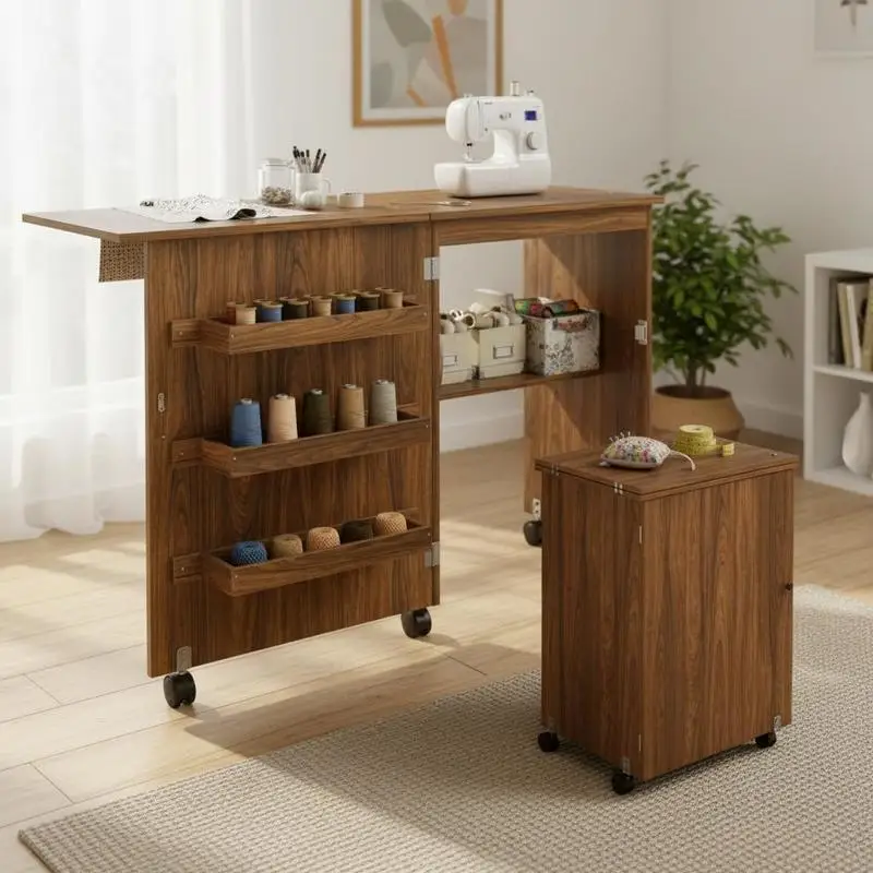 Table de couture pliante avec étagère de rangement, meuble de maison - Marron