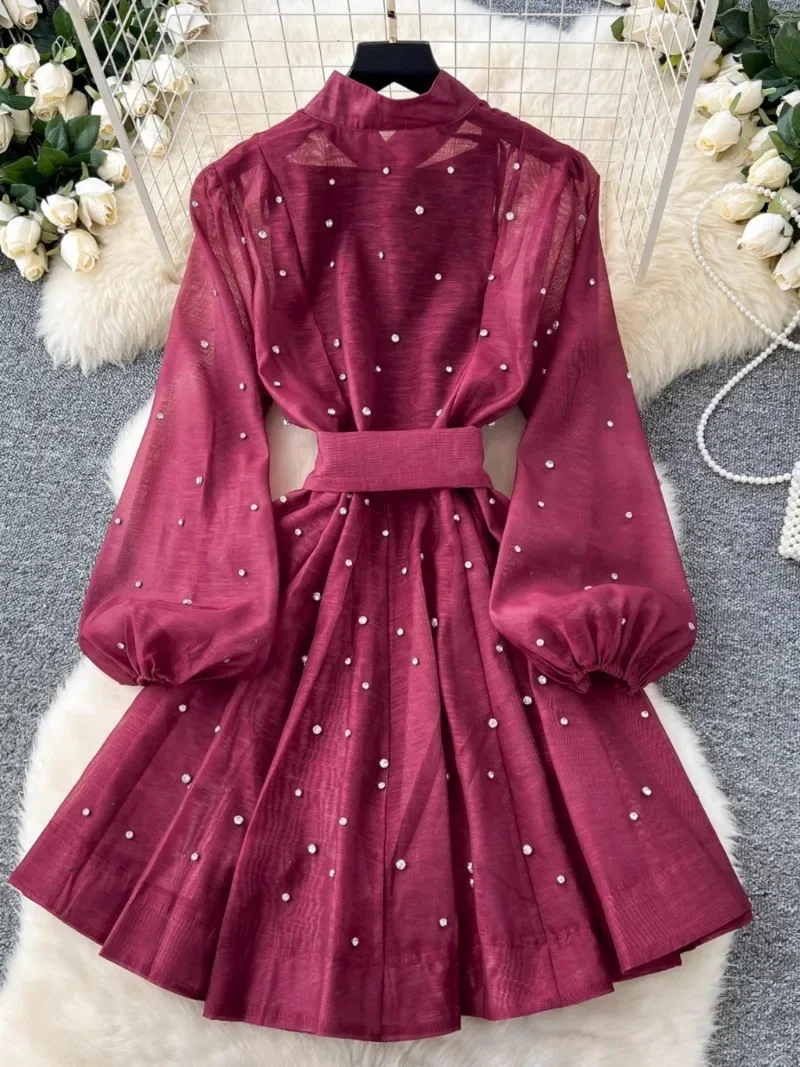 Fashion Party Dresses Spring Women's Dress Full Lantern Sleeve Strap High Waist Single breasted Midi Dress Elegant Lining Dress