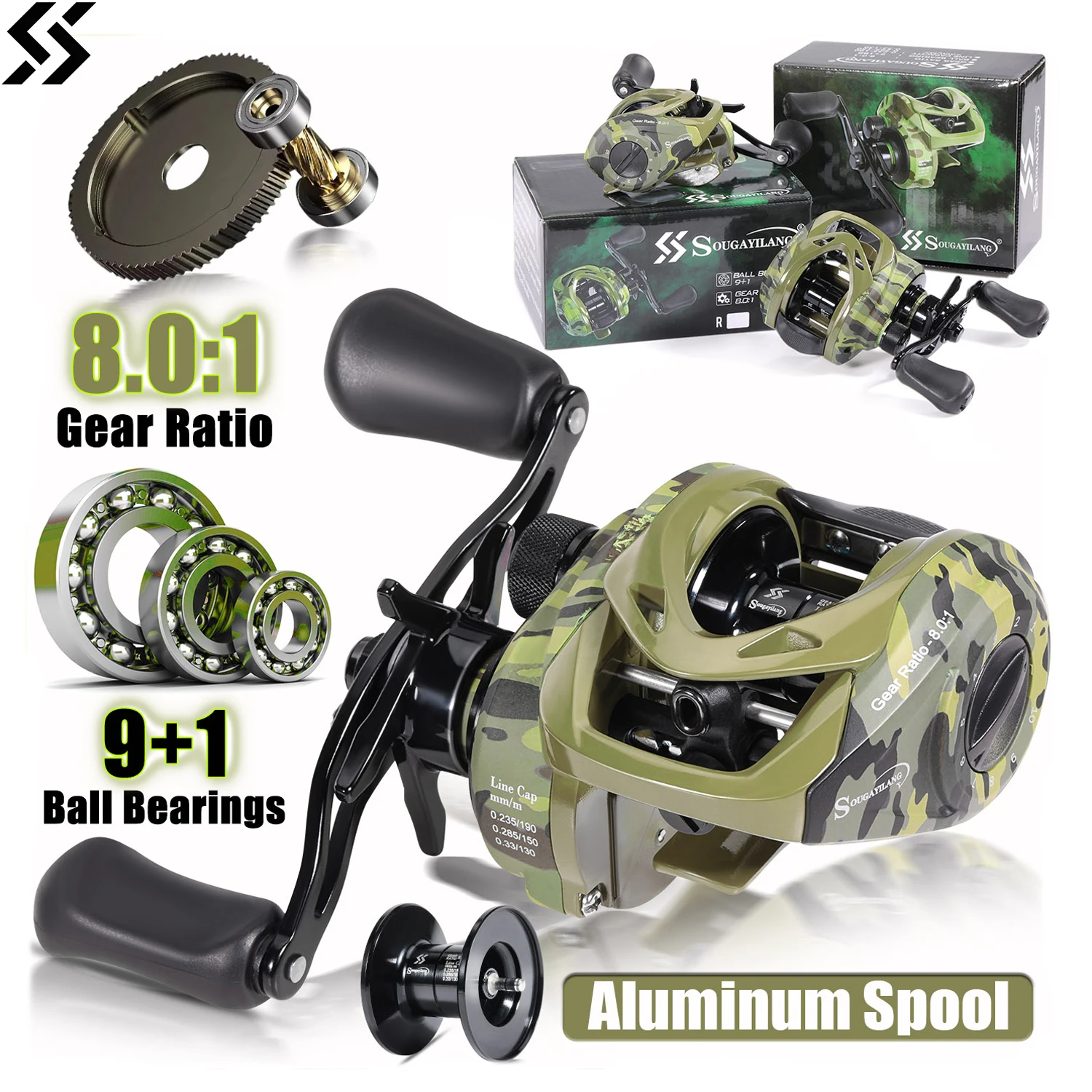 Sougayilang Fishing Reel MAX Series 4 Colors Available 8.0:1 Gear Ratio 9+1BB Baitcast Reel Max Drag 8kg for Carp Bass Fishing