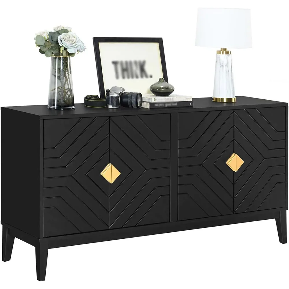 

60 inch Buffet Cabinet Sideboard with Storage, Black Modern Storage Sideboard Buffet Table with 4 Doors Adjustable Shelf Cabinet