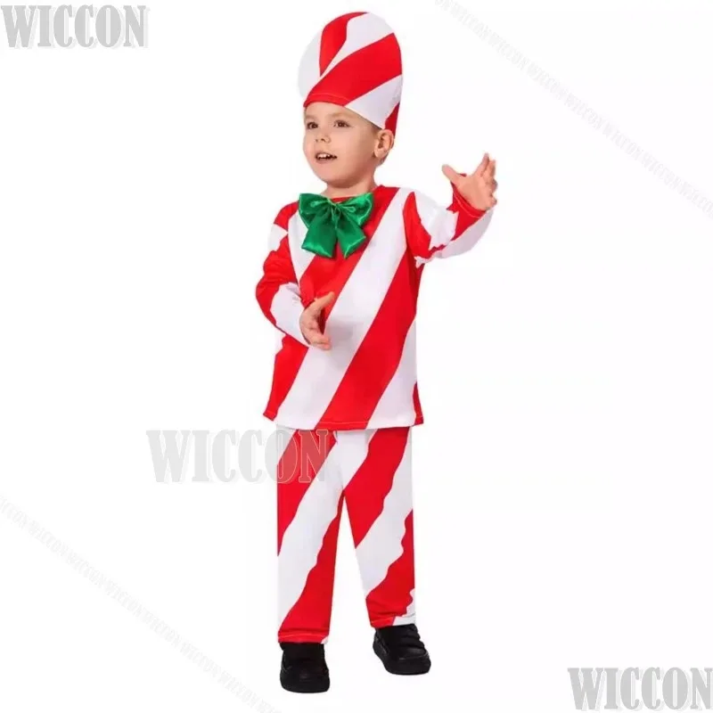 

a7d@Christmas Candy Canes Adult Children Cosplay Costume Hat Red White Striated Uniform Holloween Roleplay Outfit FullSet Custom