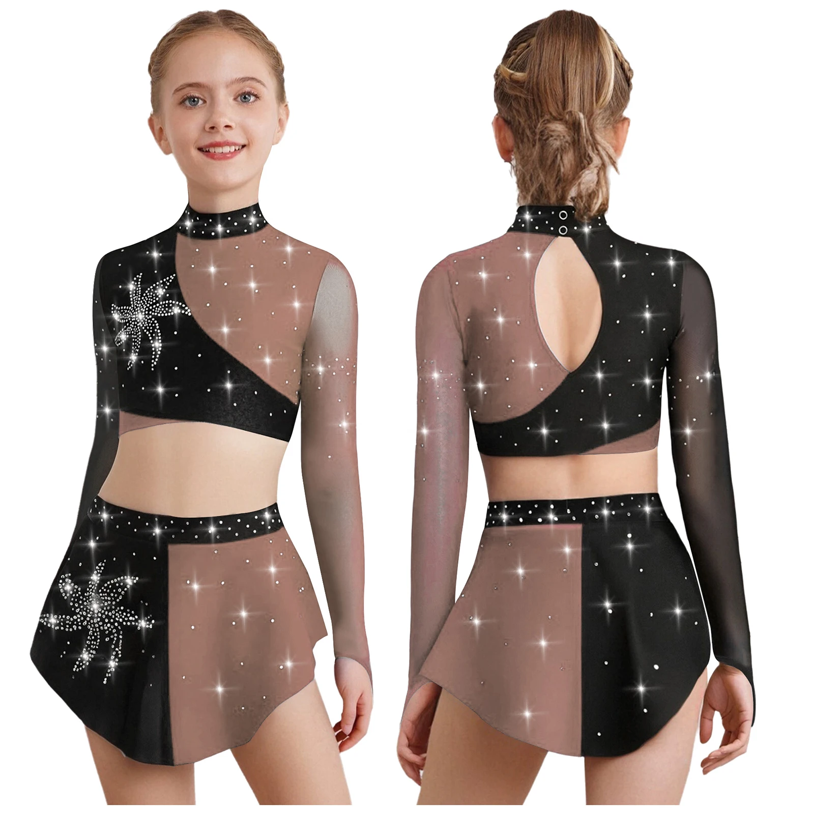 Children Girls Modern Lyrical Dance Figure Skating Ballet Performance Clothes Long Sleeve Rhinestone Crop Top Leotard Skirt