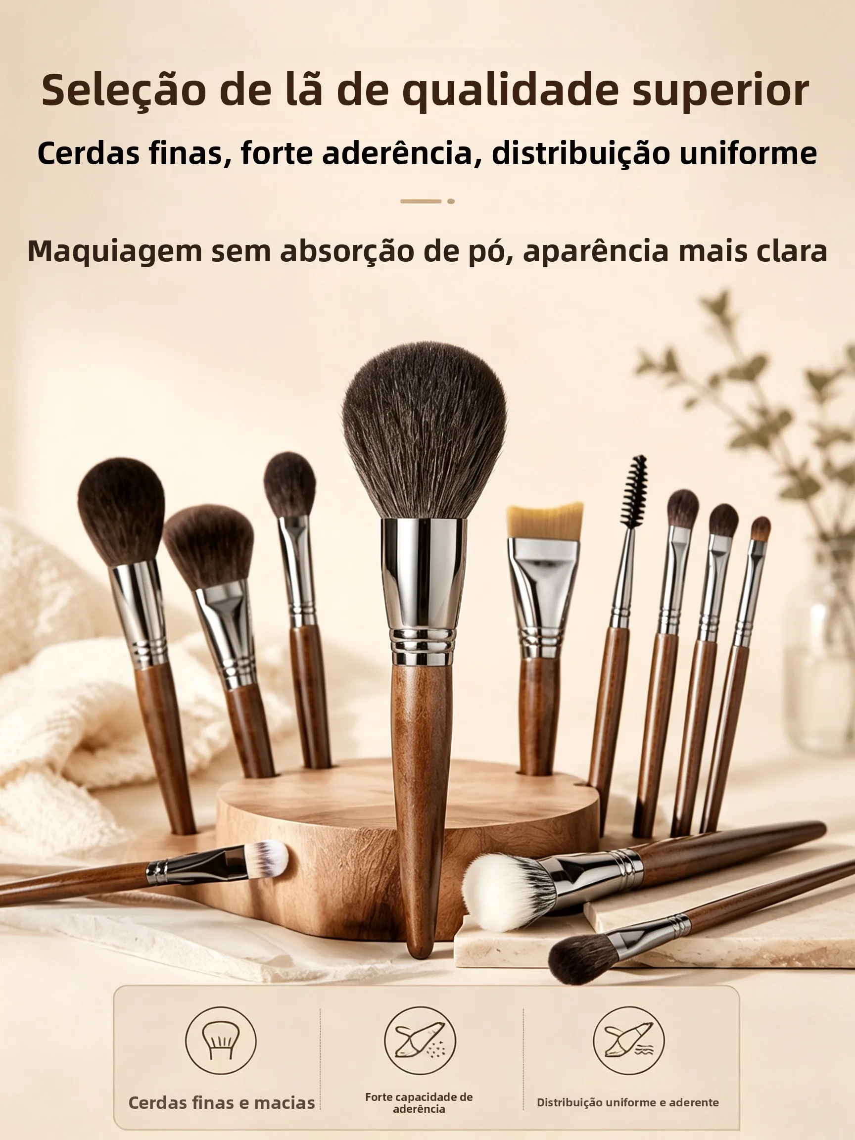 Conjunto de Pincéis de Maquiagem de Lã Macia Yulu com 15 Peças, Portátil e Profissional, Pincéis de Cabelo Animal para Inicia...