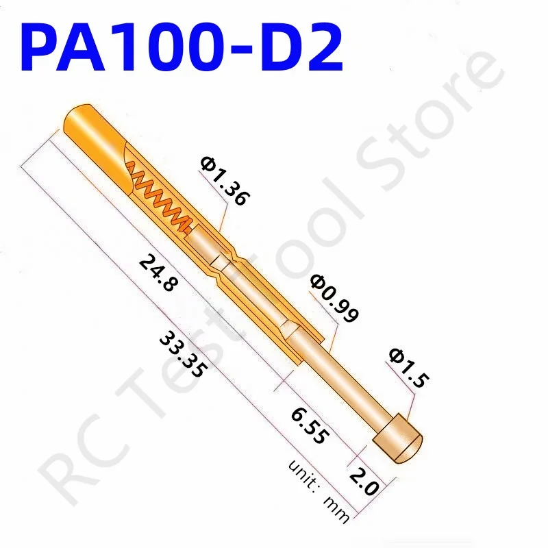 

100PCS PA100-D2 Spring Test Probe PA100-D Test Pin P100-D P100-D2 Test Tool 33.35mm 1.36mm Needle Gold Tip Dia 1.50mm Pogo Pin