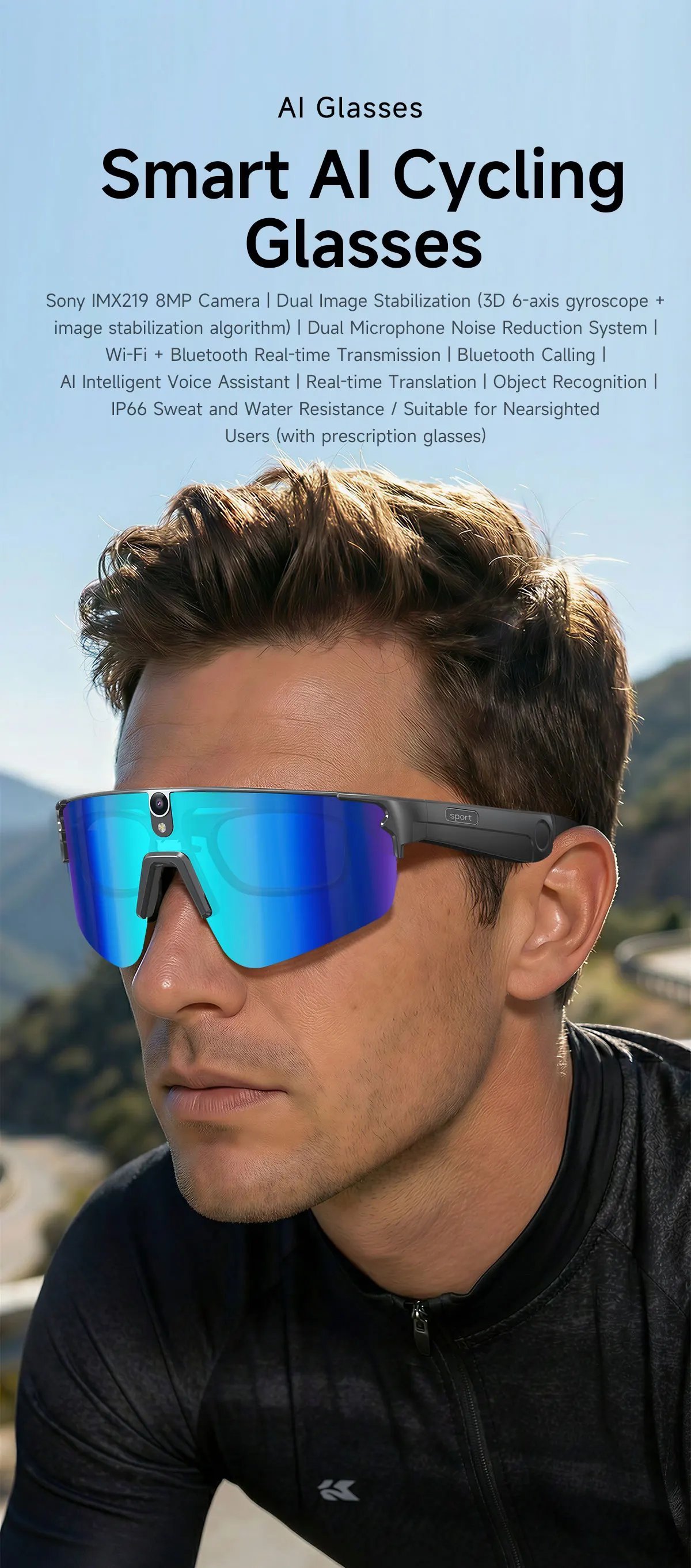 2026 Cycling AI Smart Glasses 4K HD 800W Camera Bluetooth Call Translation Anti-shake HD capture For Men Anit UV IP66 Waterproof