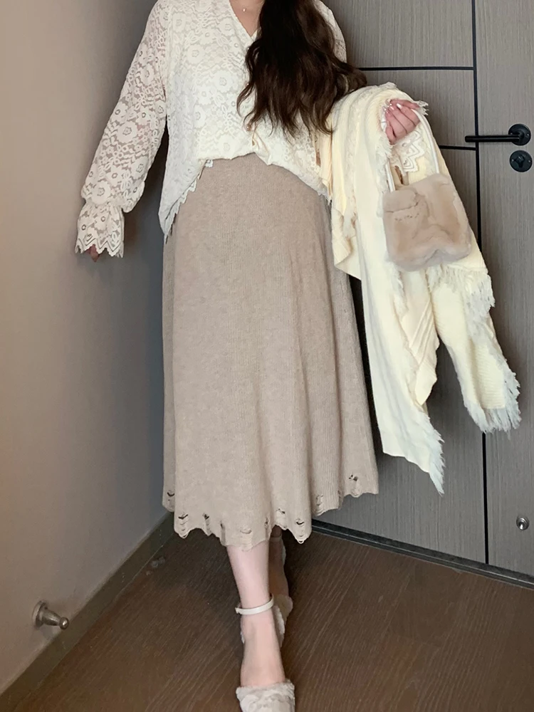 

Soft Candy Knitted f Skirt High Waist Long Dr Autumn Winter New Sle plus Size Fat MM Skirt Copper Breakage Versatile