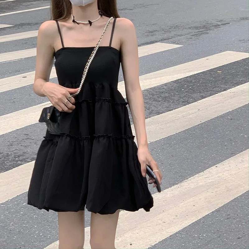 

Black Sweet Fluffy Dress Women Korean Waist-Tight Ruffles Spaghetti Strap Dresses Woman 2024 A Line Prom Gown Mujer Платье 원피스