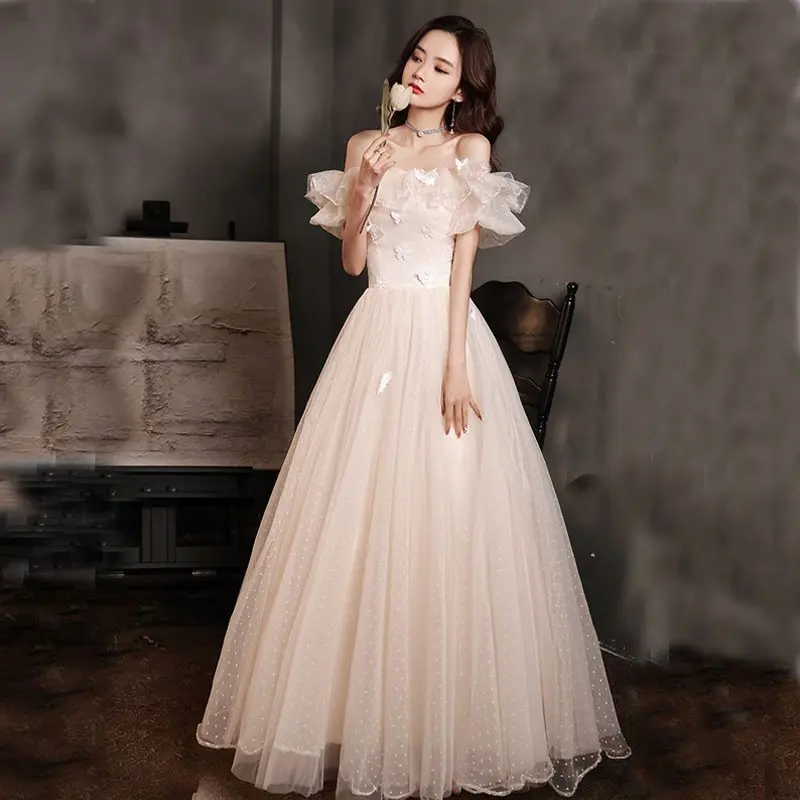 

Long Evening Dress for Women Elegant Temperament Wedding Party Dress Tulle A-line Slash Neck Ruffles Off Shoulder Prom Dresses