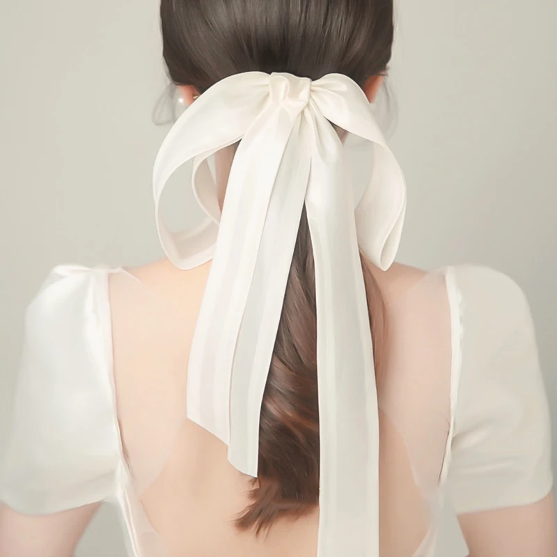 Lystrfac New Solid White Long Ribbon Hairpin for Women Back Head Bow Hair Clips Bridal Wedding Headdress Hair Accessories