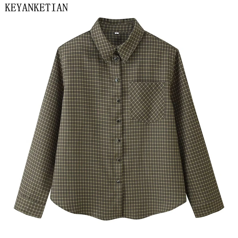 

KEYANKETIAN Autumn New Women's Clothing Lapel Padded Shoulder Long Sleeved Single Breasted Checkered Shirt Women Coat