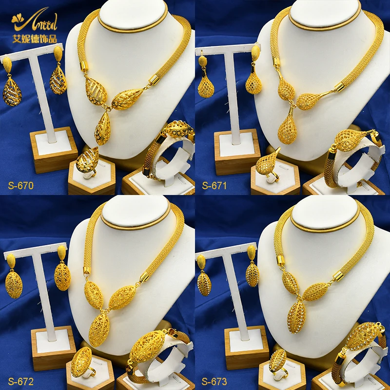 

ANIID African 24k Gold Color Pendant Necklace Earrings Set Nigeria Bride Wedding Gifts Dubai Luxury Party Jewelry Sets Wholesale