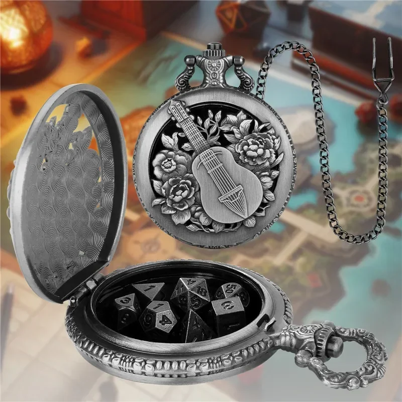 Retro 7 X Metal Polyhedral Dice Role Play Gaming Dices with Guitar Flower Design Pocket Watch Case FOB Chain Gift view 5
