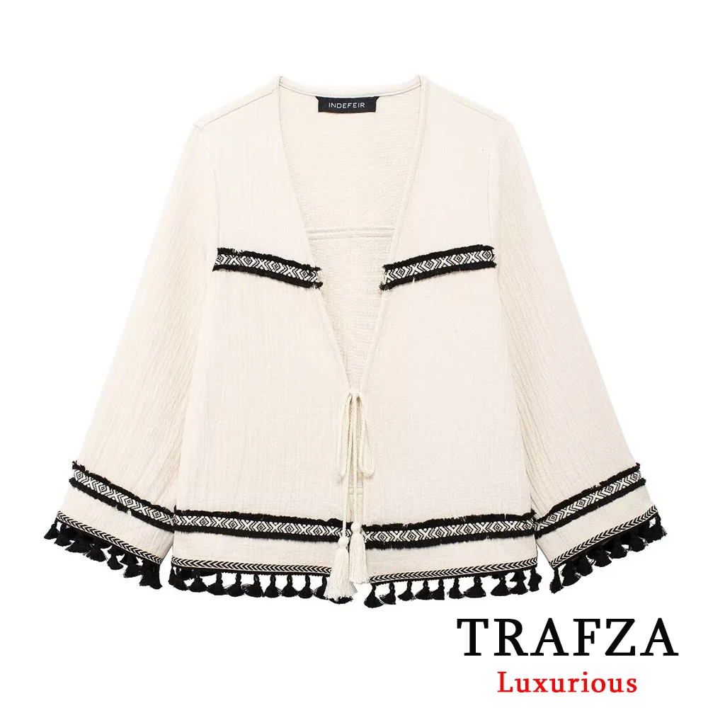 TRAFZA Casual Oversized Linen Embroidery Jackets Women Long Sleeve V Neck Tassel Coats Fashion 2024 Vintage Beige Outwears