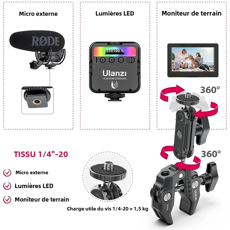 Immagine 6: Ulanzi R094 Super Morsetto in Metallo con Morsetto a Braccio Magico con Doppia Testa a Sfera con Foro da 1/4