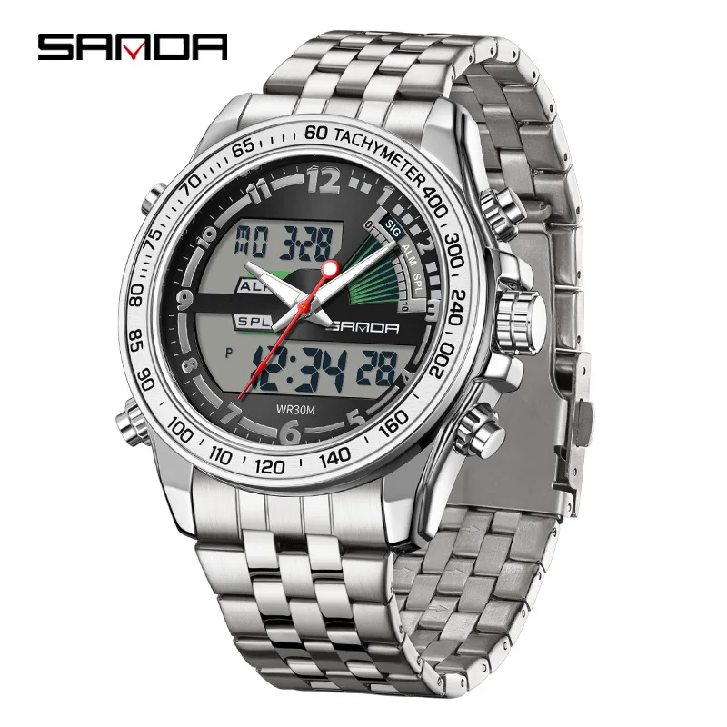 

Fashion Sanda 3307 Men Watch Elegant Multifunctional Business Round Electronic Quartz Dual Display Full Stainless Steel Watch