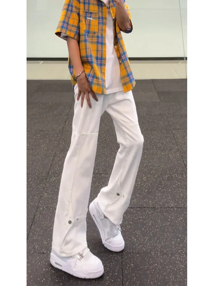 Calça Jeans Branca de Cintura Média com Corte Faca e Perna Reta Micro Flare para Homens e Mulheres, Estilo Americano High Str...