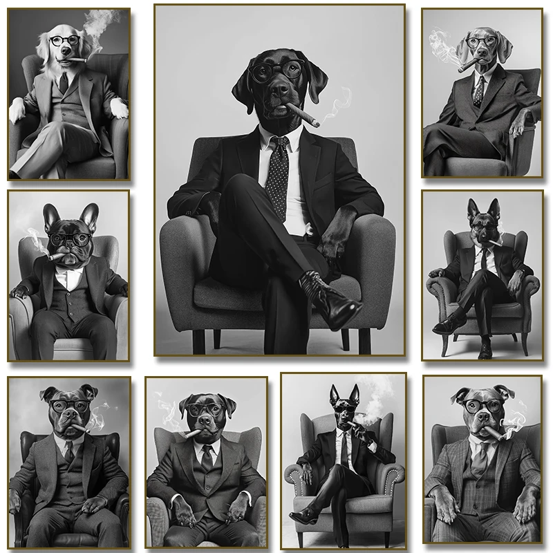 (No frame)Dog in A Suit Smoking Cigar Canvas Painting Wall Art Black White Labrador German Shepherd French Bulldog Poster Pri