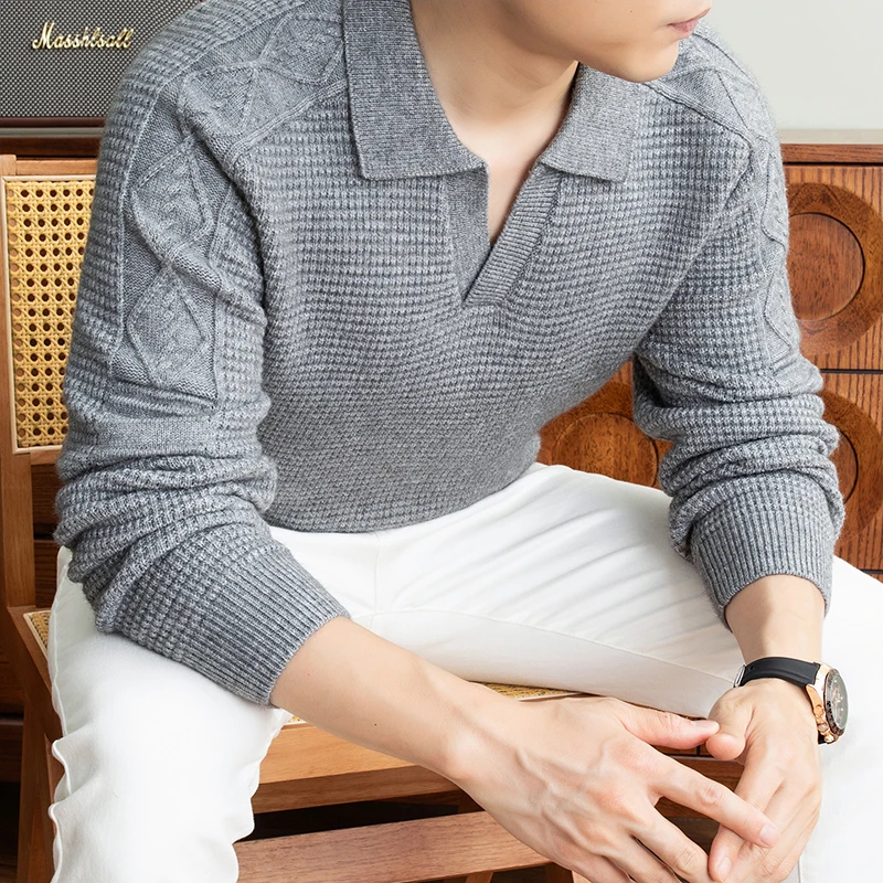 High end knitted men's solid color sweater fashion luxury jacquard 2026 autumn new warm soft Korean casual Unique lapel pullover