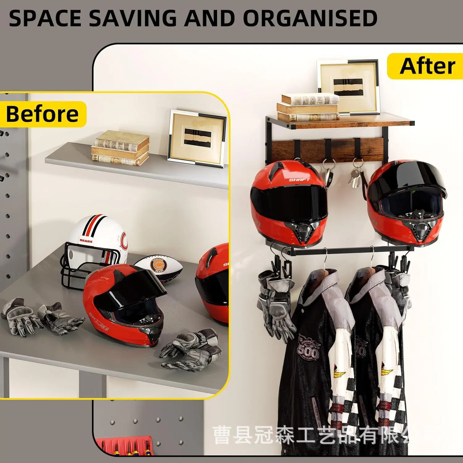 Wall‑Mount Wooden Outdoor Storage Rack, Motorcycle Tactical Helmet Display Organizer