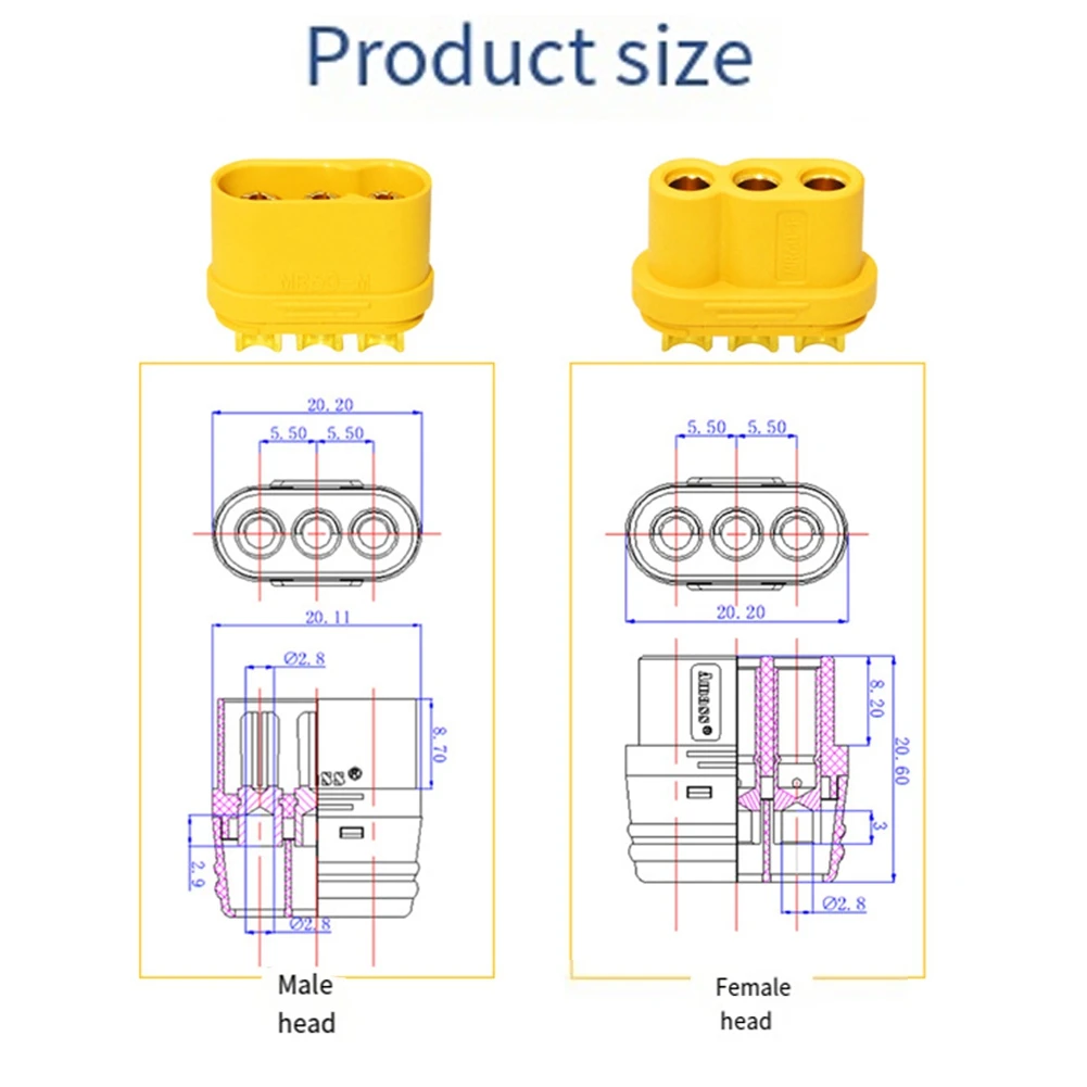 BAAA-10Pair MR60 MR 60 Fireproof Female Male Three-Core Connector with Sheath 3.5mm Brass Gold Plated for Lipo ESC RC Model