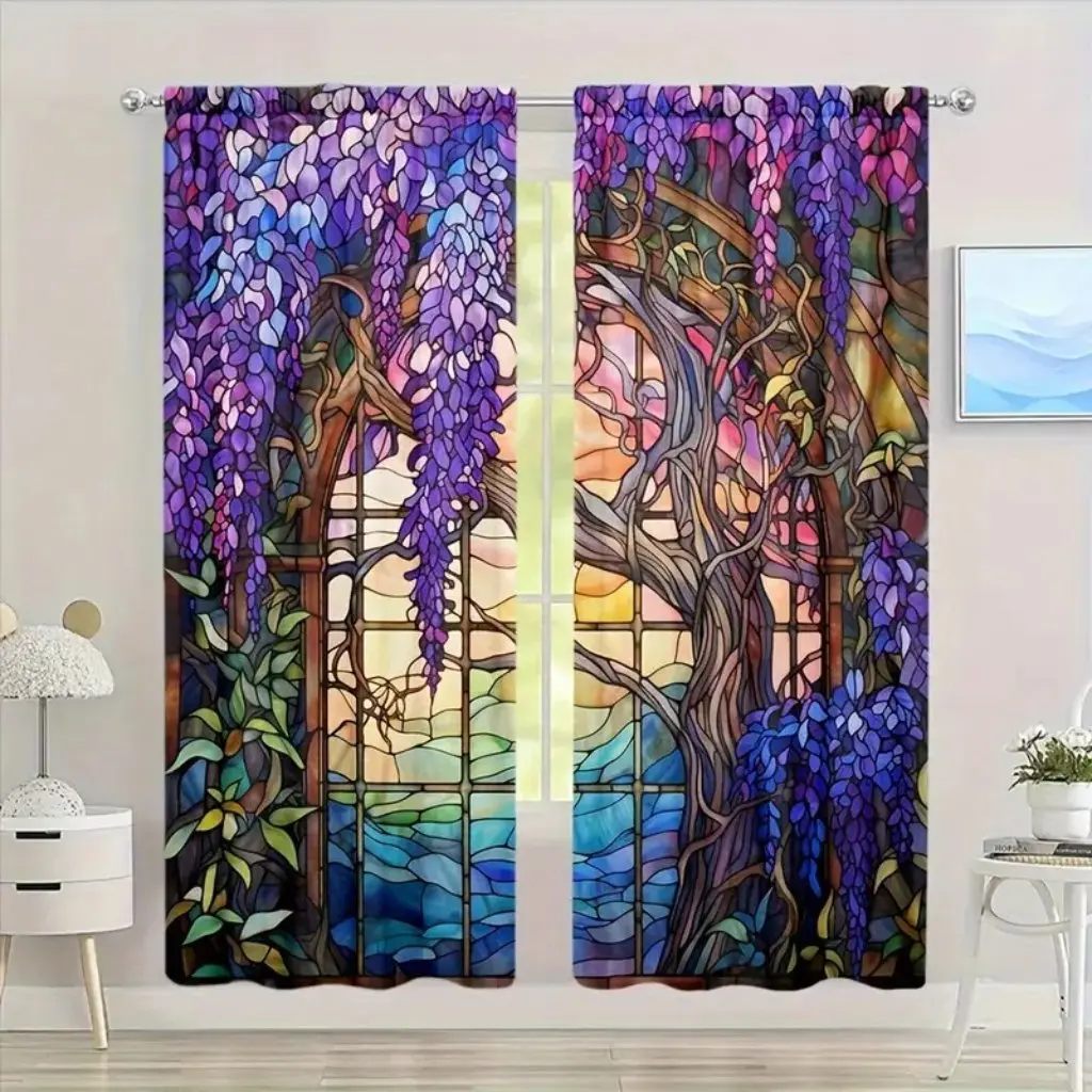 2pcs Contemporary Style Tree of Life and Chestnut Flower Design Curtains Polyester Knit Weave Drapes for Bedroom, Living Room