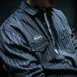 Spring Autumn Denim Stripe Long Sleeved Shirt Men's Loose Large Casual Work Coat Outdoor Trekking Travel Camping Tooling Clothes