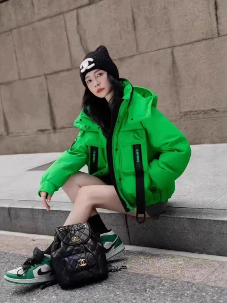 Groene korte donsjas vrouwelijke winter nieuwe mode buiten witte eendendons jas casual losse verdikte kleding dames