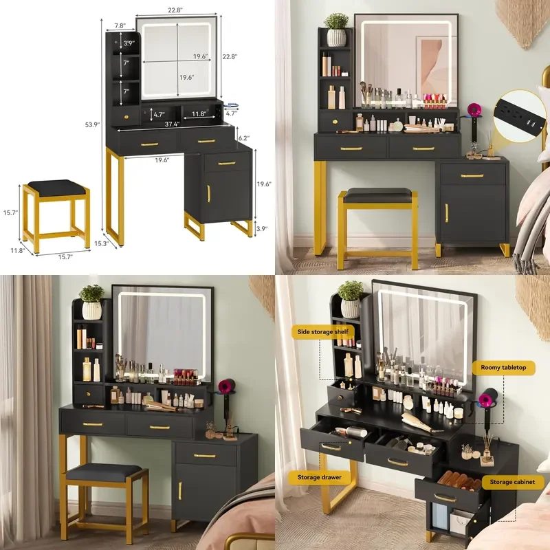 LED Vanity Table with Power Socket Adjustable Brightness Makeup Desk Storage Dresser for Bedroom