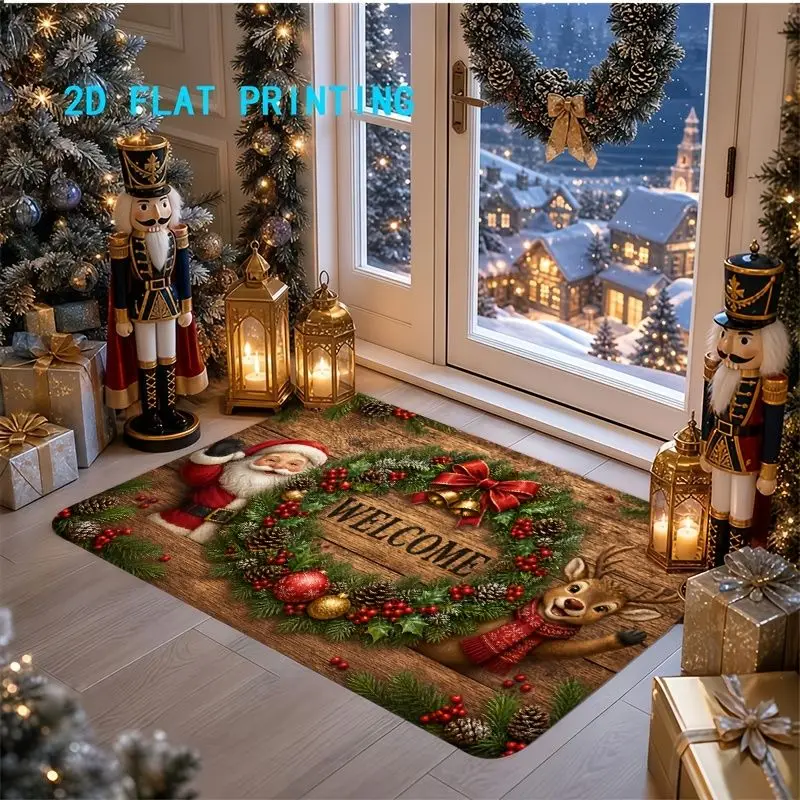 VIKAMA Xmas Welcome Wreath Doormat Santa Reindeer Nutcracker Skid Resistant Front Door Floor Rug Seasonal Xmas Decor Home