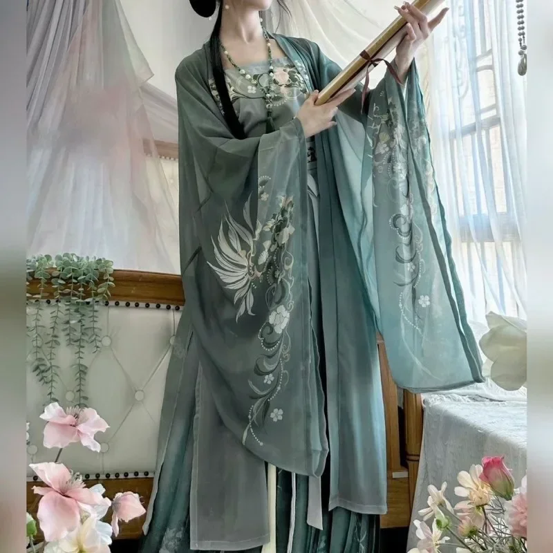 Hanfu Dress Women Chinese Traditional Vintage Song Dynasty Hanfu Dress Female Cosplay Costume Print Green 3pcs Sets Plus Size XL