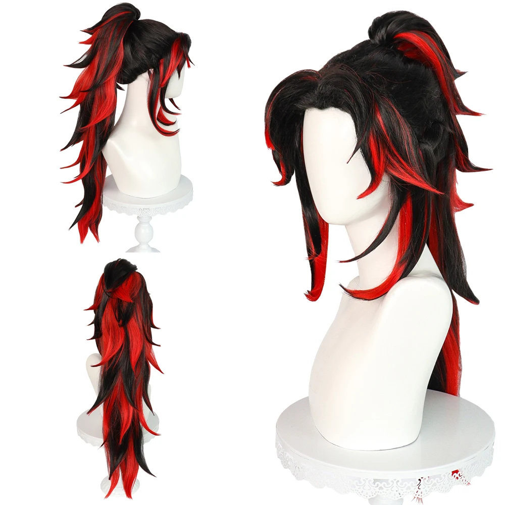 أنيمي شيطان Yoriichi Tsugikuni تأثيري الشعر الاصطناعية 30 بوصة أسود أحمر التدرج انفصال ذيل حصان مناسبة اليومية شعر مستعار للحفلات #1
