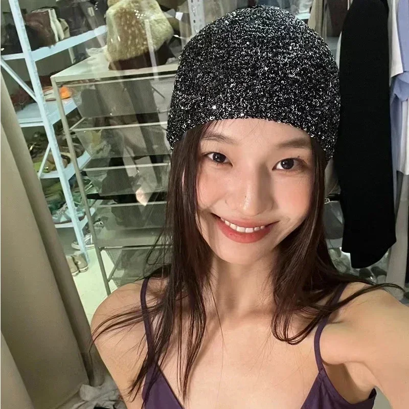 Spring Summer Girl Glitter Fashion Knitted Bag Head Beanie Hat New Korean Designer Y2k Shiny Cold Cool Street Sequined Knit Hat