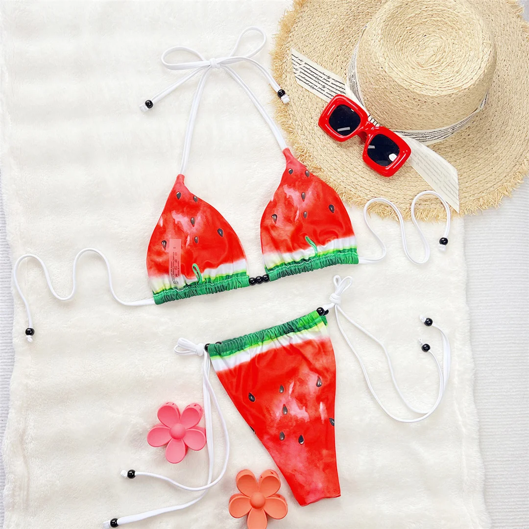 Nouveau pastèque imprimé licou Bikini femmes maillots de bain femme maillot de bain deux pièces Bikini ensemble à bretelles baigneur maillot de bain bain
