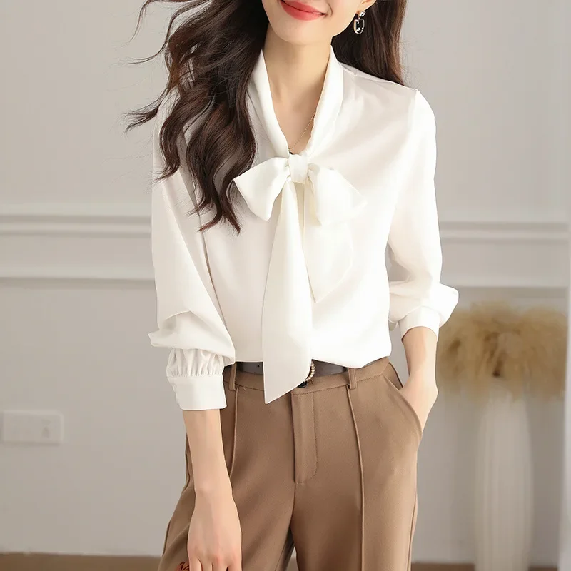 

High-end brand silk shirt women's long sleeves 2025 autumn new solid color shirt bow ribbon mulberry silk top