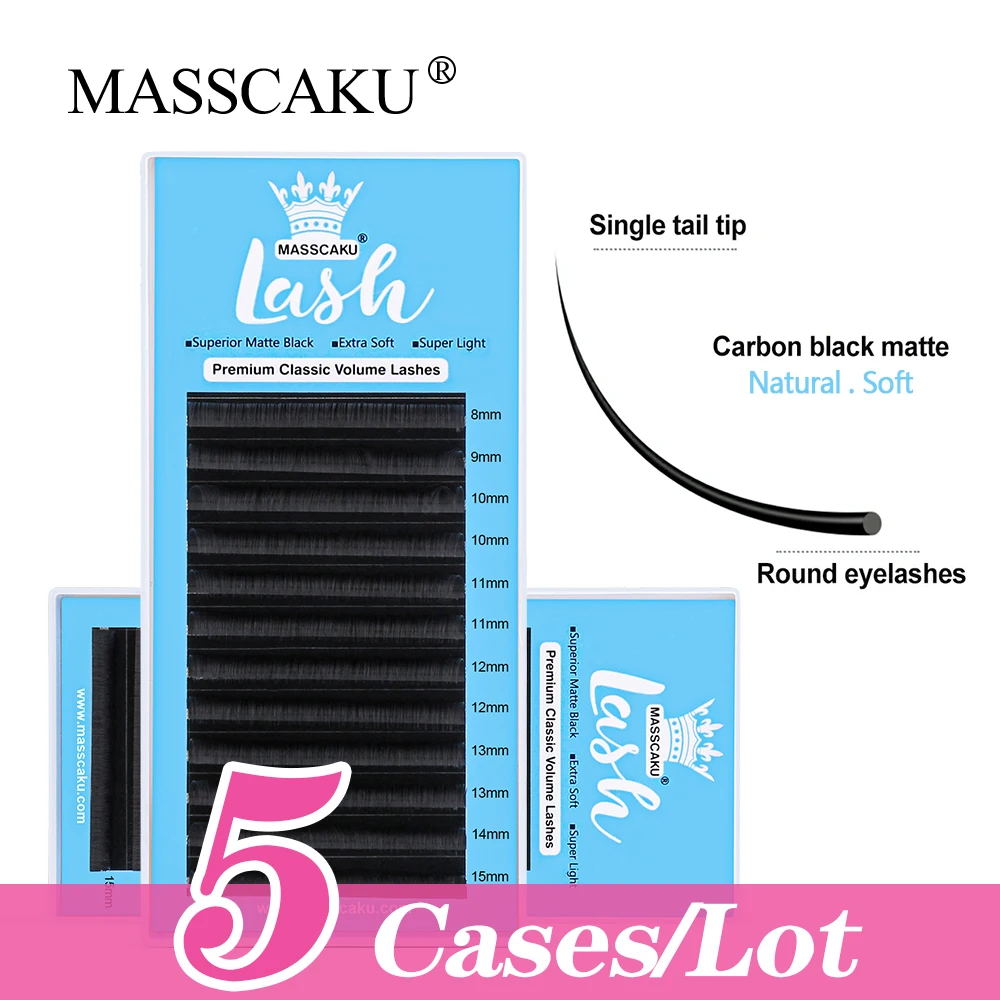 

MASSCAKU 5cases/lot All Sizes Natural Soft Lash 12 Lines Matte Black Russian Volume Classic Individual False Eyelashes Extension