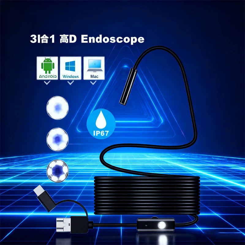 

3-in-1 HD Endoscope Camera - IP67 Waterproof, Compatible with Android/Windows/Mac, Borescope Inspection Camera