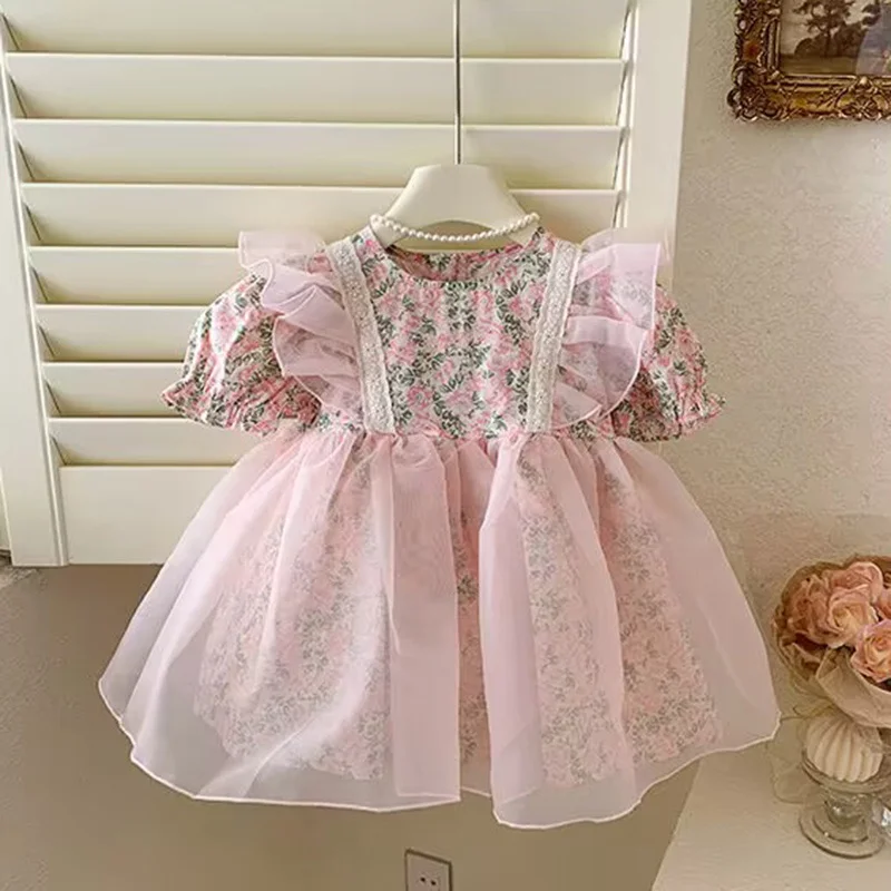 Summer New Girls Princess Dress Floral Bubble Sleeve Dresses Kids Party Wedding Birthday Tutu Gown Children Clothing 1-6Y