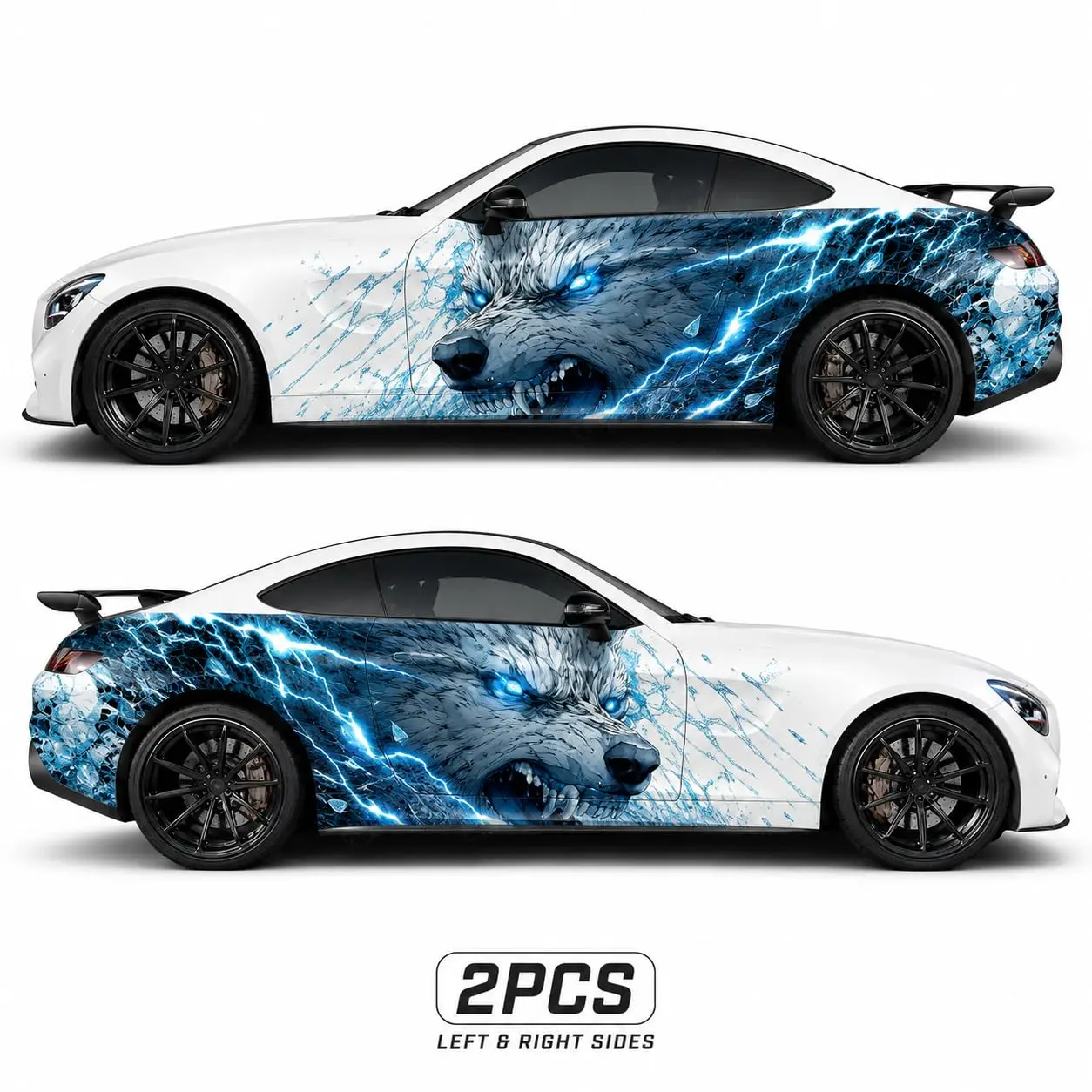 2PCS Blue Ice Wolf Car Side Body Decals, Vinyl Graphic Sticker Set for Coupe/Sedan/SUV, Waterproof & UV Resistant Car Door Decal