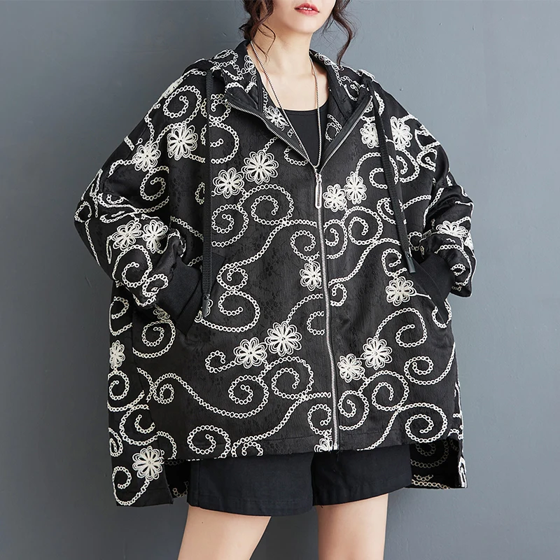 

Heavy Embroidery Jaet Loose Fit Zipper Hooded Faion Windbreaker Large Size Slimming New Autumn Wear Versatile Korean Sle