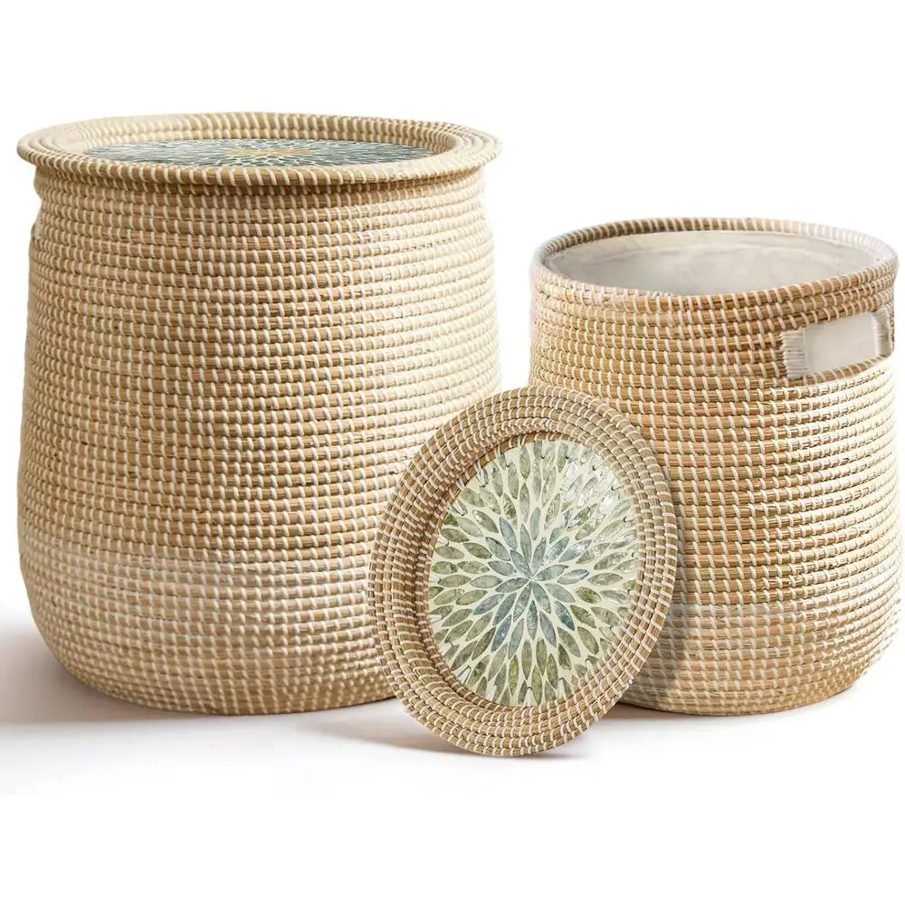 

Laundry Hamper with Lid Handles 14.96Gal & 7.43Gal Seagrass Laundry Hamper Round Decorative Basket Handwoven Rattan Storage Bask