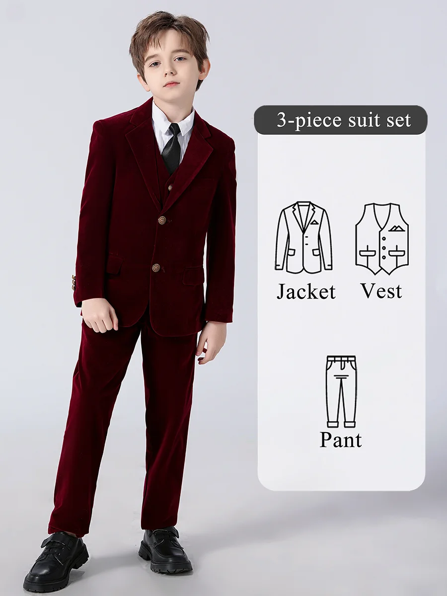 Conjunto de traje de terciopelo de 3 piezas para niño: chaqueta, chaleco y pantalones, con botones dorados, ideal para ceremonias y bodas, talla 5-14 años.