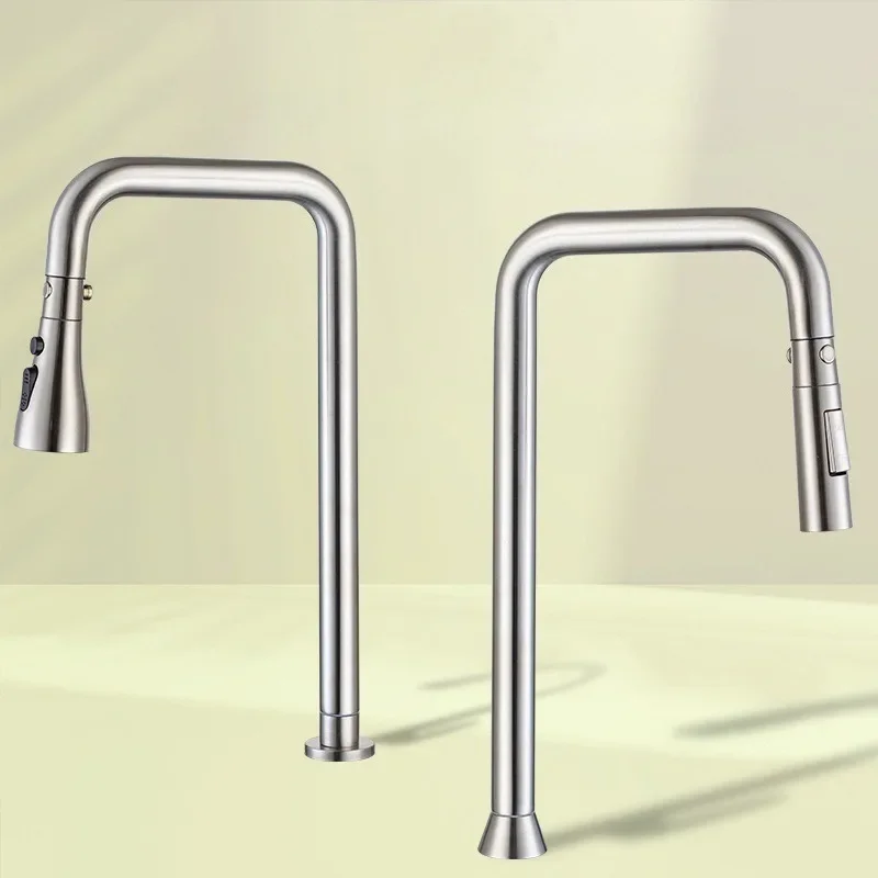 304 Stainless Steel Kitchen Tap, Pull Out Sprayer Rotatable 7 Shape Single Cold Water Faucet, High Arc Pull Down Sink Mixer Tap