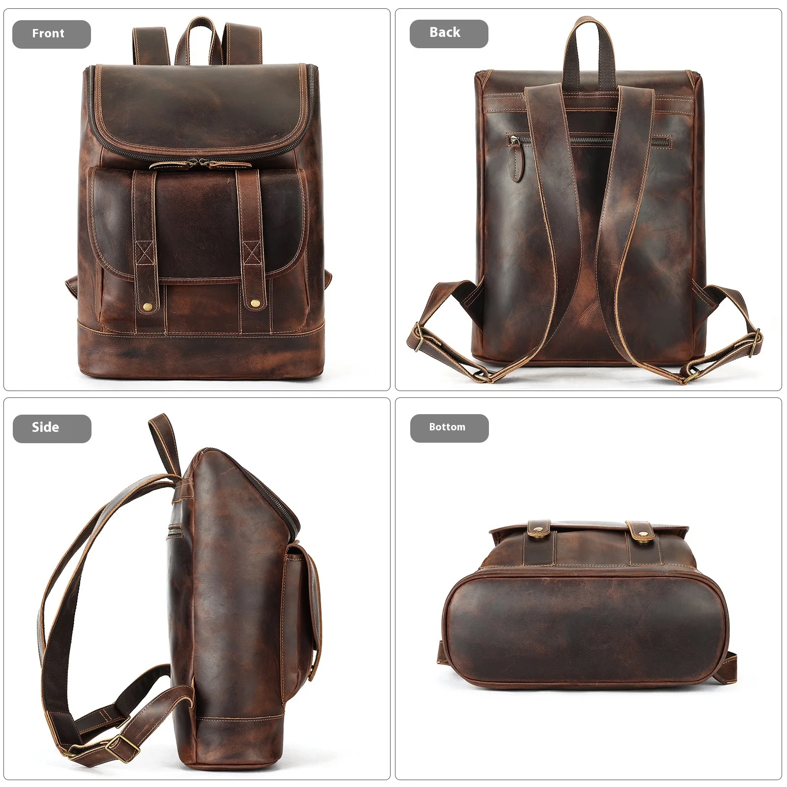 Vintage Crazy Horse Leather Men's Backpack Large Capacity Business Laptop Bag Male