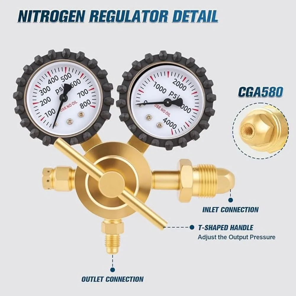 Nitrogen Regulator, Output Pressure 0–800 PSI, CGA580 Standard Inlet Connection, 1/4 Inch Male Flare Outlet Fitting