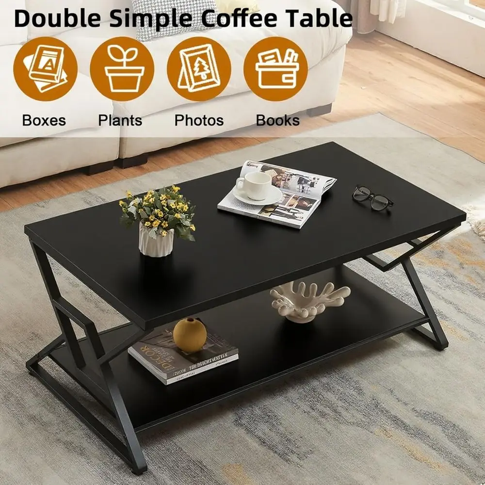 Rustic Rectangular Coffee Table with 2-Tier Storage, Open Shelves, 39 Black for Living Room