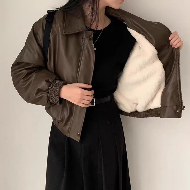 Winter Thick Fleece Pu Leather Jacket Women Y2K Korean Loose Streetwear Lapel Crop Coats Female Warm All Match Zipper Outerwear