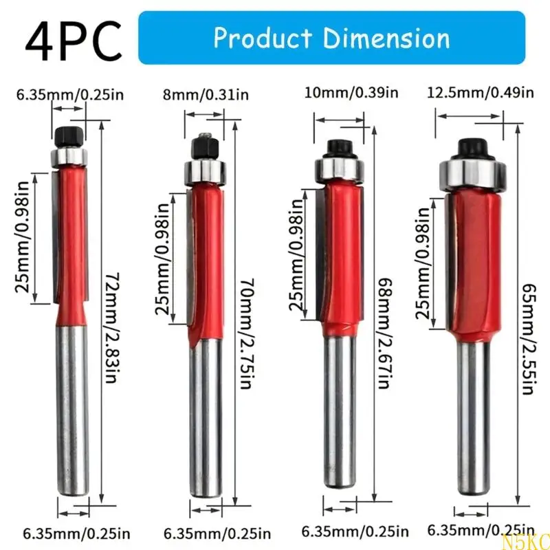 N5KC Set Of 4 High Accuracy Red Router Bits For Efficient And Metal Cutting