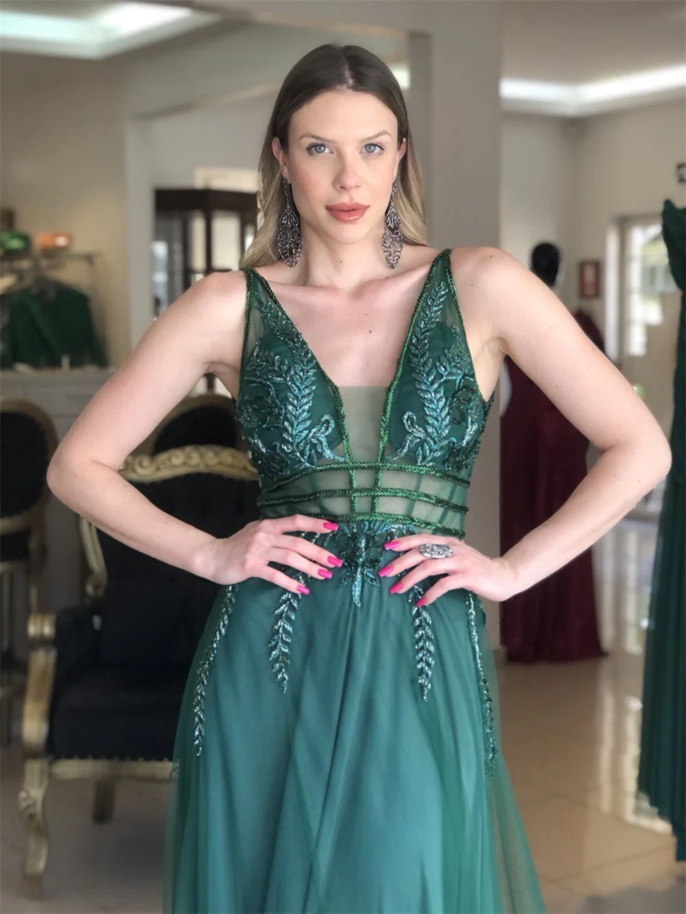 Sansa-Robe de Rhsexy à col en V, dos ouvert, ligne A, paillettes de cuir chevelu, vert noirci, 2023