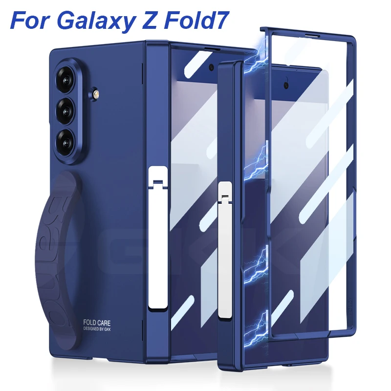 

Magnetic Hinge Stand Armor Cover For Samsung Galaxy Z Fold 7 Silicone Wristband Outer Screen Glass Case For Galaxy Z Fold7 Case